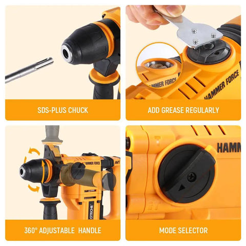 Close-up views of the Beast Of A 900W Rotary Hammer Drill With 26mm Concrete Capacity showcasing chuck, grease port, handle, and mode selector.