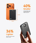 Pocket Sized 10000 Mah Portable Charger With Four Built In Cables Ultra Slim Power Bank For iPhone And Android Fast Charging Battery Pack next to a smartphone.