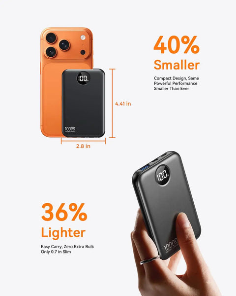 Pocket Sized 10000 Mah Portable Charger With Four Built In Cables Ultra Slim Power Bank For iPhone And Android Fast Charging Battery Pack next to a smartphone.