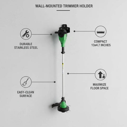Wall Mount For String Trimmers And Weed Eaters Vertical Garage And Shed Tool Holder installed with green trimmer