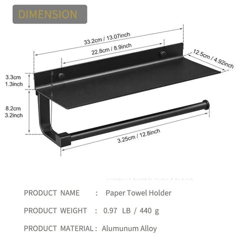 Must Have Wall Mounted Paper Towel Holder With Aluminum Build And Built In Phone Storage Shelf For Kitchen And Bathroom 13 Inch Rustproof Space Saving Modern Dull Polished Silver Finish Includes Screws, dimensions and specifications displayed.