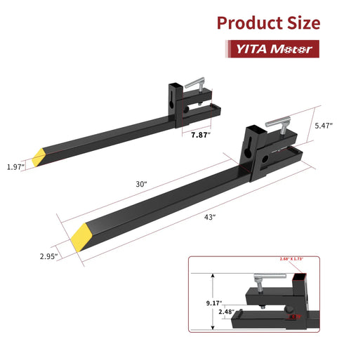 Detailed dimensions of 43 Inch Clamp On Pallet Forks For Tractor Loader And Skid Steer 2000Lbs Heavy Duty Quick Attach Bucket Forks