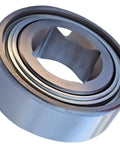 Beefy Built To Last Drive Disc Bearing For Farm Disc Harrow with triple lip seal, 1.5 inch square bore, shown at angle.