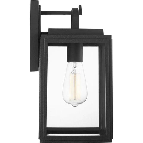 Grandbury Collection 1-Light Clear Glass Farmhouse Outdoor Wall Lantern in Textured Black mounted on wall