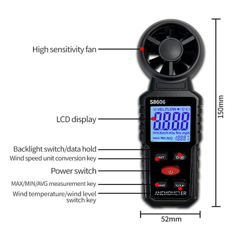 Three In One Handheld Anemometer Wind Speed Meter With Temperature Gauge For Outdoor Adventures Like Sailing Surfing Flying And Shooting Go To Wind Level And Air Flow Tester For Pro Grade Readouts., black 150mm handheld anemometer with LCD display and buttons