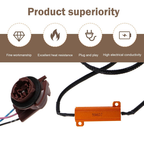 Front view of 2-pack SLIMI 3157 brake light resistor decoders with orange metal resistor module and brown plug housing