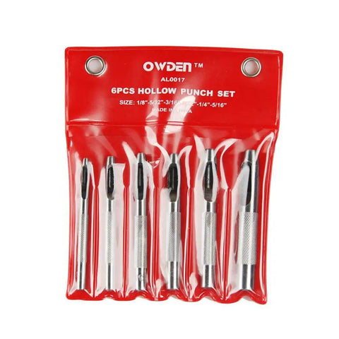Red pouch displaying 6 Piece Hollow Hole Punch Set with Free Cutting Mat for DIY projects, showing punch sizes 1/8 to 5/16 inch