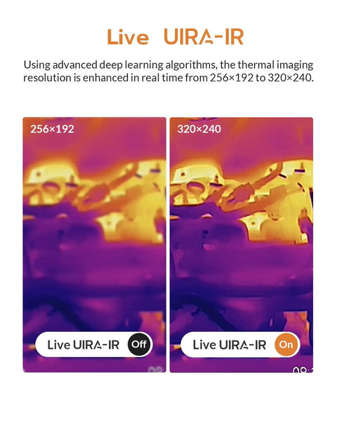 Thermal Imaging Camera With Thermometer Mode For Field Work 320 By 240 Infrared Imaging Native 256 By 192 Sensor Delivers True 256 Level Hardware IQ Deep Learning Upscale To 320 For Crisp Heat Signatures On The Job, 256x192 to 320x240 comparison