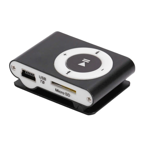 Black Clip On MP3 Player With USB Cable And Earphones Ultra Lightweight Portable Music Player for Running and Hiking, side view