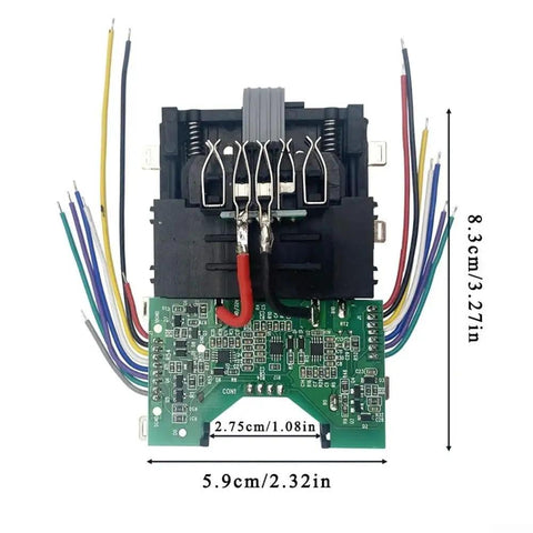Real Deal 15 Cell 21700 Lithium Battery Case Storage Box With Smart Protection Board For 20V And 60V Power Tool Professional Grade DIY Replacement Repair Kit Component Housing PCB board with connectors and dimensions shown.