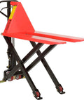 Real Deal Heavy Duty Manual High Lift Skid Jack Truck For Single Faced Pallets With Wide Poly Steer Wheels And Smooth Roll Out 2200 Lb Capacity vibrant red heavy-duty skid jack with black frame and poly wheels.