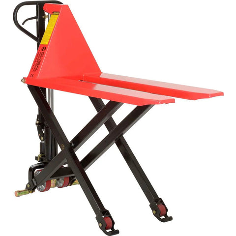 Real Deal Heavy Duty Manual High Lift Skid Jack Truck For Single Faced Pallets With Wide Poly Steer Wheels And Smooth Roll Out 2200 Lb Capacity vibrant red heavy-duty skid jack with black frame and poly wheels.