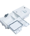 Top view of white detergent and rinse aid dispenser for dishwashers model 154574401, showing compartment and easy install design.