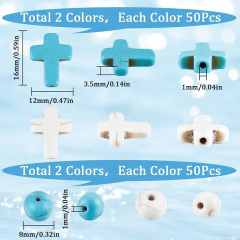 200 Pcs White Cross Beads And Blue Stone Beads Bulk 8mm Round Synthetic Turquoise Easter Pocket Crosses For Jewelry Making