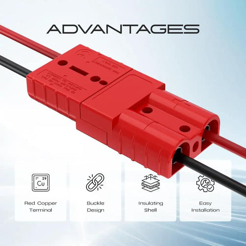 Super Braw Anderson Plug Connectors 50 Amp Heavy Duty Wire Harness for Winch And Car Battery Quick Disconnect Kit With Screw Caps shown with black and red wires.