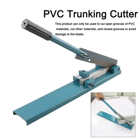 Wire Duct Cutter For Din Rail And PVC Trunking Manual Adjustable Cutting Tool with Safe Lock in metal design on white background.