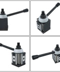 CXA Piston Type Tool Post For 13 To 18 Inch Swing Lathe with long handle and steel construction, shown from various angles.