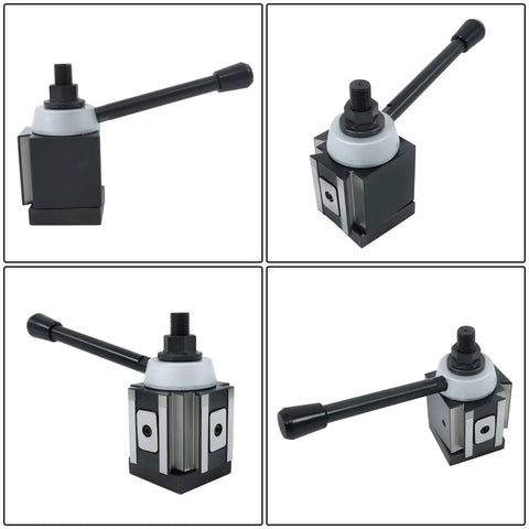 CXA Piston Type Tool Post For 13 To 18 Inch Swing Lathe with long handle and steel construction, shown from various angles.