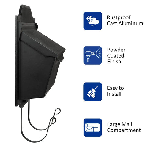 Side view of Wall Mount Luxury Mailbox In Rustproof Cast Aluminum Black Finish With A Slick Contemporary Look Easy Front Mount Install