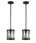 Crystal Drum Pendant Ceiling Light Semi Flush Mount Convertible Fixture For Kitchen Island And Hallway Black Finish With Clear Crystals Modern Lighting For Hallways And Entryways, dual hanging view.