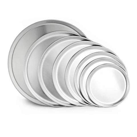 Stack of Pro Grade Restaurant Aluminum Pizza Pan 14-Inch Coupe Style Baking Tray Pack Of 6 for Commercial Kitchens