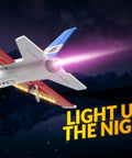 F 16 Fighting Falcon RC Plane With 2.4GHz 2CH Remote, featuring LED lights against night sky backdrop, in-flight view