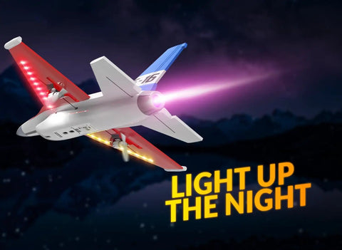 F 16 Fighting Falcon RC Plane With 2.4GHz 2CH Remote, featuring LED lights against night sky backdrop, in-flight view