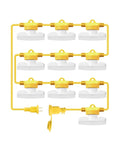 Heavy Duty 100 Foot LED Construction String Lights, 90W Industrial Grade with 10 Bulbs, 10500 Lumens, yellow cord layout.