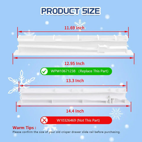 Size chart for No Drama Fix For Your Fridge Crisper Drawer Using This Heavy Duty Center Slide Rail, showing measurements.