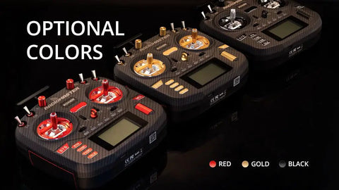 Boxer Max Transmitter Remote for RC Drones with Carbon Fiber Pattern Case AG01 Hall Gimbals CNC Buttons in red, gold, and black