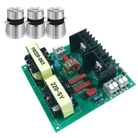 Beefed Up 150W Ultrasonic Cleaner Driver Board Kit With 3 Transducers shown with electronic components for automotive parts cleaning.