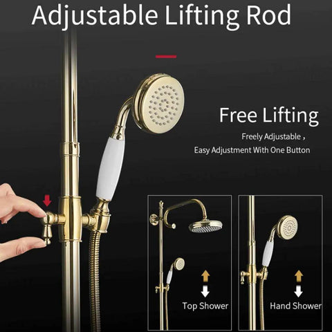 UMJIGF 8 Inch Shower System with Cold and Hot Water Shower Combo Set Multifunction Single Handle Shower Faucet Set showing adjustable lifting rod and handheld shower.