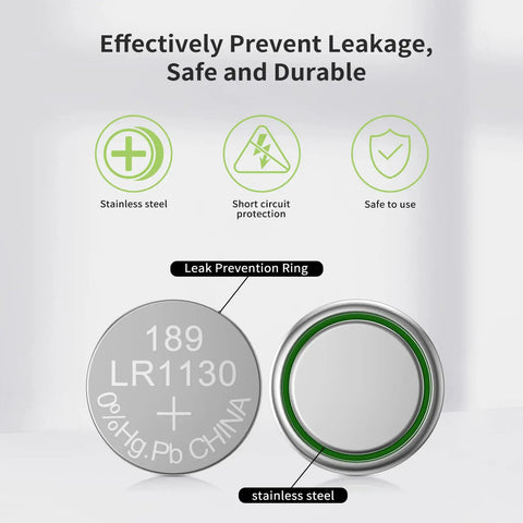 Heavy Duty LR1130 AG10 Button Cell Batteries 30 Pack Solid Alkaline Coin Power Cells For Watches And Toys Legit 1.5V with leak prevention ring.