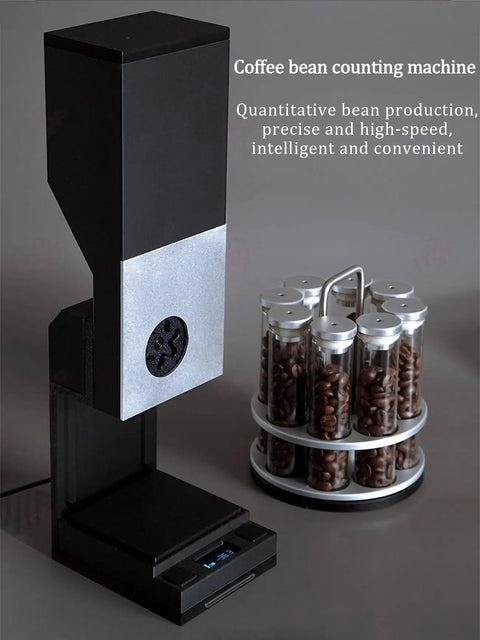 Commercial Coffee Bean Batch Dispenser And Boss Level Weighing Scale For Specialty Cafes Heavy Duty Aluminum Body with digital scale and bean jars.