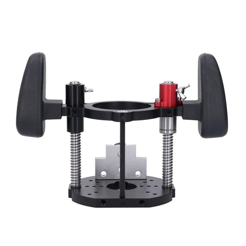 Premium Adjustable Router Lift For Woodworking Benches built with rugged aluminum frame, featuring micro adjustments and dual handles.