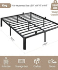 Dead Silent Metal King Size Bed Frame With Attached Headboard, 14 Inch Built Tough Steel Platform Base dimensions and weight capacity.