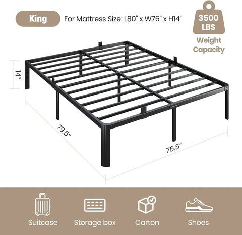 Dead Silent Metal King Size Bed Frame With Attached Headboard, 14 Inch Built Tough Steel Platform Base dimensions and weight capacity.