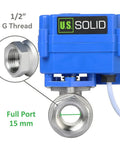 Motorized 1/2 Inch Ball Valve With Full Port 304 Stainless Steel, NSF Certified Drinking Water Safe, NPT Threads, 9 To 24V AC DC