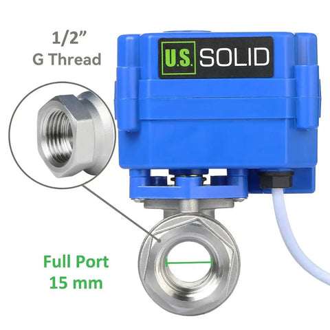 Motorized 1/2 Inch Ball Valve With Full Port 304 Stainless Steel, NSF Certified Drinking Water Safe, NPT Threads, 9 To 24V AC DC