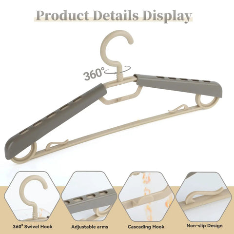 6 Pack Heavy Duty Plastic Extra Wide Arm Hangers 15 To 23 Inches With Swivel Hooks For Coats Jackets Dresses Shirts Pants And Trousers Space Saving Closet Organizers In Grey And Tan shown with swivel hook and adjustable arms