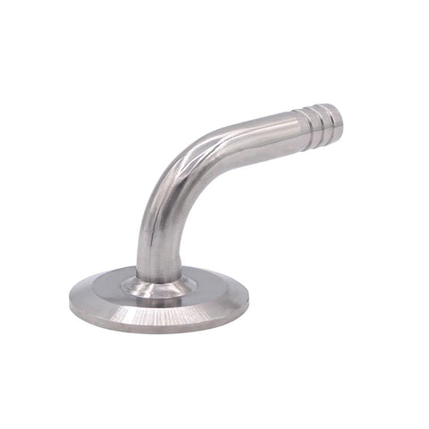 Side view of stainless steel sanitary hose barb 90-degree elbow with circular flange for 1/2 in tubing