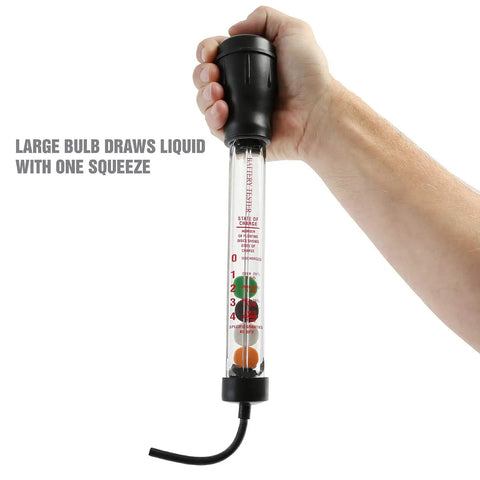 Hand holding Pro Grade Battery Hydrometer Tester with Floating Disc Specific Gravity Readout for Cars and Golf Carts 16.25 Inch Auto Battery Tester