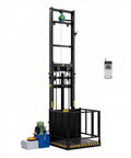 Heavy Duty Electric Hydraulic Lift Table With 2200 Lbs Capacity For Industrial Cargo Elevator Or Home Mini Dumbwaiter Lifting System At 9.8 Ft Height side view showing black steel frame and hydraulic motor.