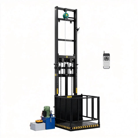 Heavy Duty Electric Hydraulic Lift Table With 2200 Lbs Capacity For Industrial Cargo Elevator Or Home Mini Dumbwaiter Lifting System At 9.8 Ft Height side view showing black steel frame and hydraulic motor.