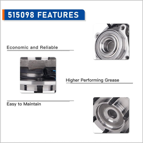 Front Wheel Hub Bearing Assembly 515098 features chart for Chevy Silverado 2500, 3500, and GMC Sierra with ABS, highlighting reliability and maintenance