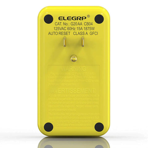 Back view of Manual Reset GFCI Outlet Adapter For Indoor Use, 15 Amp Grounded 3-Prong Socket, UL Listed, Yellow, with text label