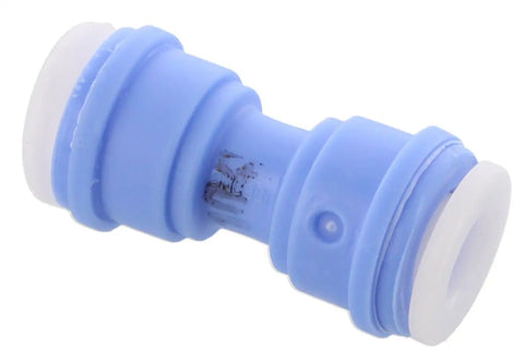 Close-up of Water Line Quick Connector For Refrigerator OEM Part WR02X11330 5/16 Inch To 5/16 Inch Plastic Connector For GE Refrigerators