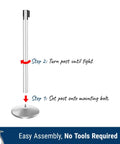 Pro Grade Stanchions 2-Pack With Retracta-Belt Prime 10 Foot Retractable Belt Barrier Heavy Base Polished Stainless Steel Crowd Control Poles Step-by-step assembly illustration