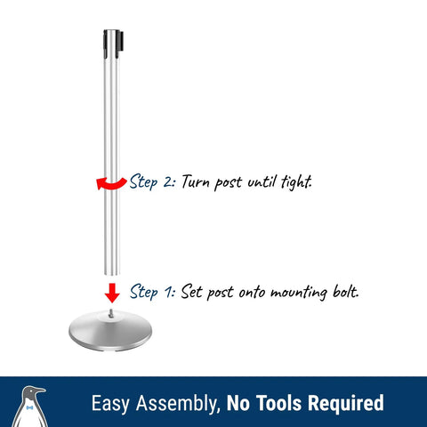Pro Grade Stanchions 2-Pack With Retracta-Belt Prime 10 Foot Retractable Belt Barrier Heavy Base Polished Stainless Steel Crowd Control Poles Step-by-step assembly illustration