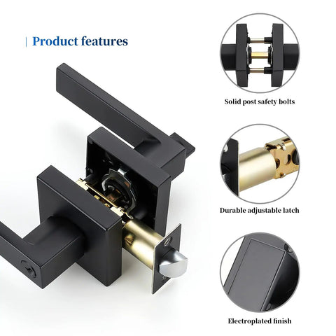 Heavy Duty Privacy Door Lever Set In Matte Black Finish with detailed view of solid post bolts and electroplated finish.